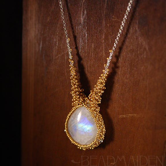 Beadwoven Rainbow Moonstone Necklace with 24k Gold