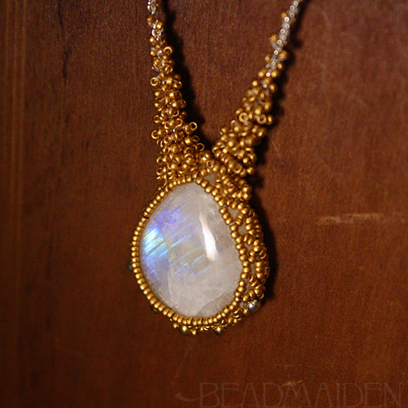 Beadwoven Rainbow Moonstone Necklace with 24k Gold