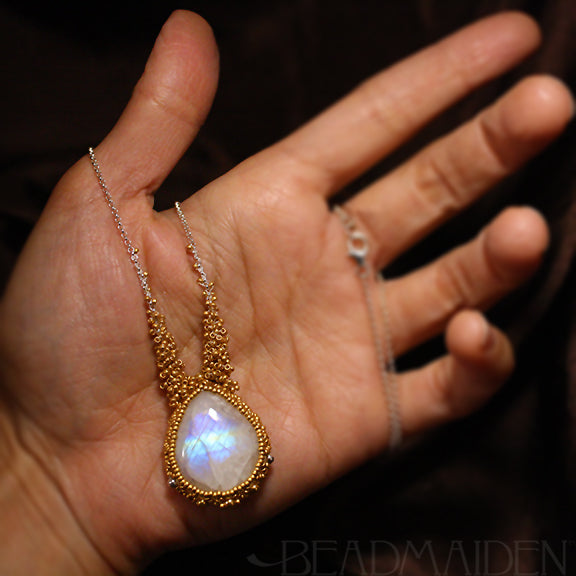 Beadwoven Rainbow Moonstone Necklace with 24k Gold