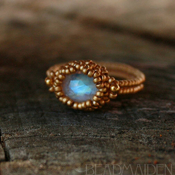 Rose cut Rainbow Moonstone beadwoven ring in 24k and 18k gold