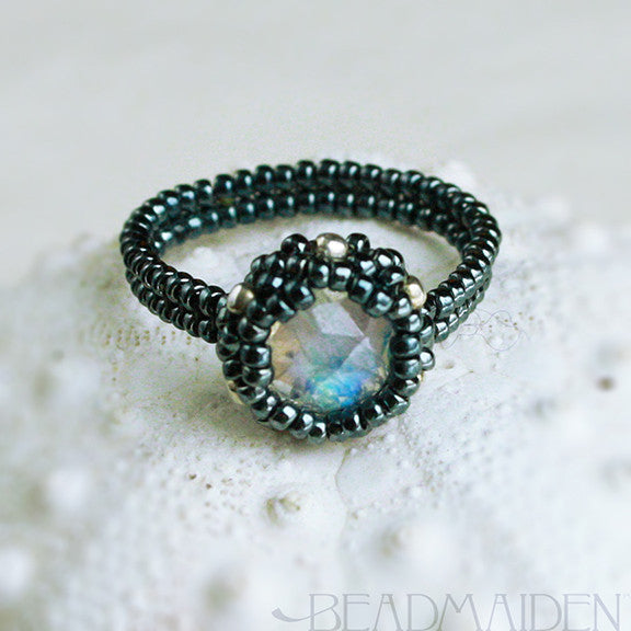 Beadwoven Rose Cut Rainbow Moonstone Ring