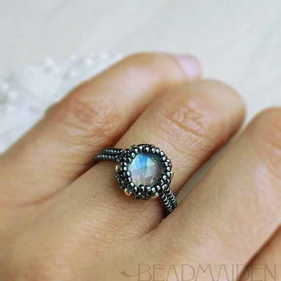 Beadwoven Rose Cut Rainbow Moonstone Ring