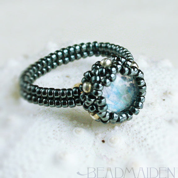 Beadwoven Rose Cut Rainbow Moonstone Ring