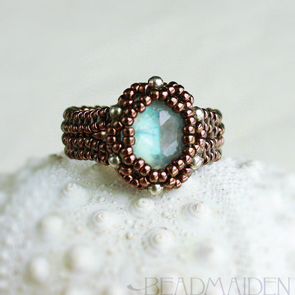 Beadwoven Faceted Rainbow Moonstone Herringbone Ring