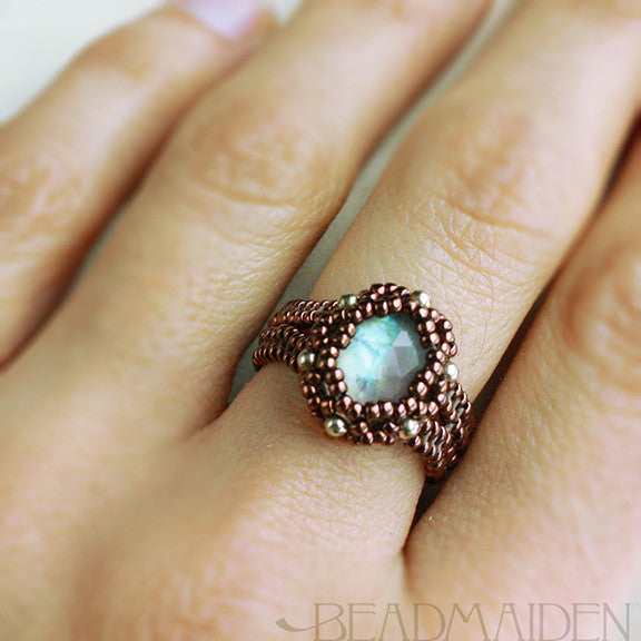 Beadwoven Faceted Rainbow Moonstone Herringbone Ring