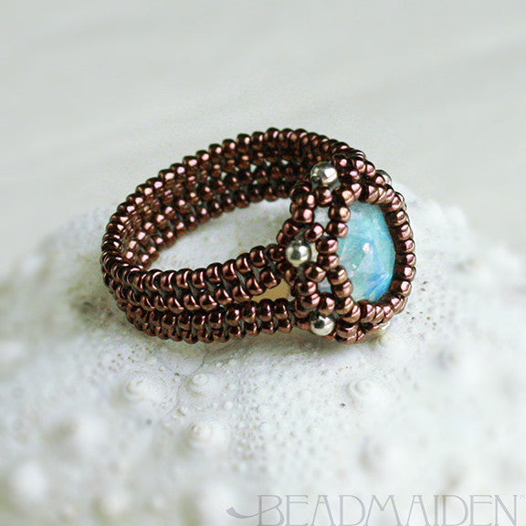 Beadwoven Faceted Rainbow Moonstone Herringbone Ring