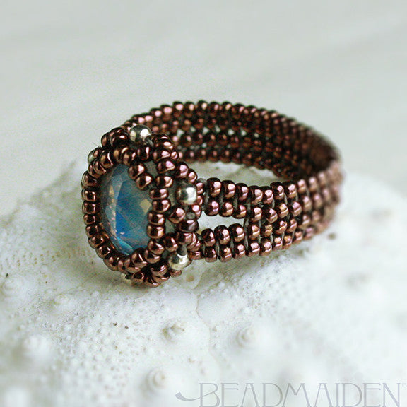 Beadwoven Faceted Rainbow Moonstone Herringbone Ring