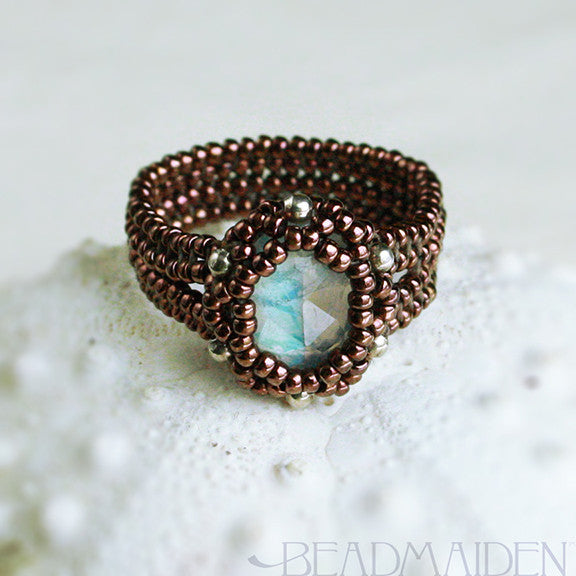 Beadwoven Faceted Rainbow Moonstone Herringbone Ring