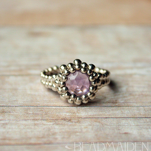 Beadwoven Sterling Silver Pink Amethyst Ring