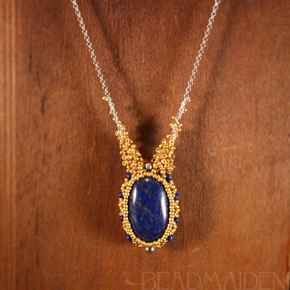 Lapis Lazuli Beadwoven Necklace with 24k Gold