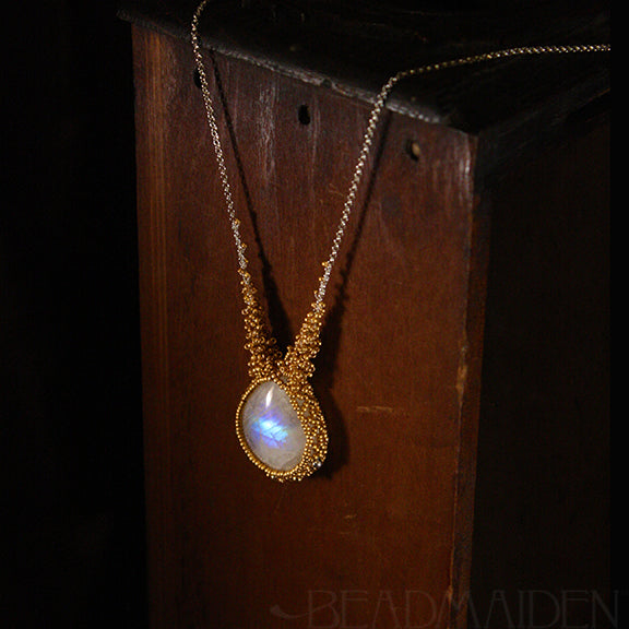 Beadwoven Rainbow Moonstone Necklace with 24k Gold