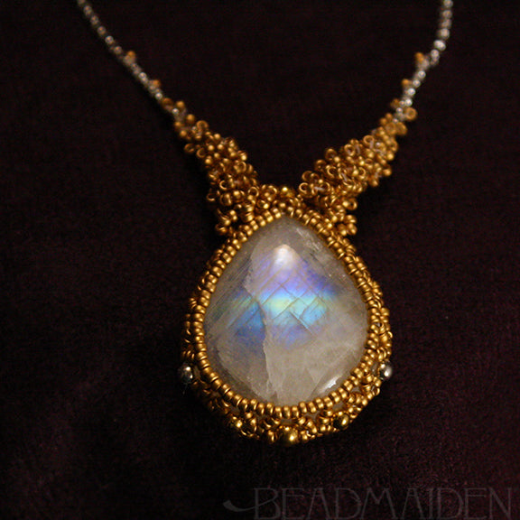 Beadwoven Rainbow Moonstone Necklace with 24k Gold