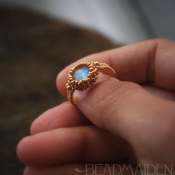 Rose cut Rainbow Moonstone beadwoven ring in 24k and 18k gold