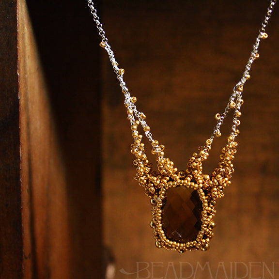 Smoky Quartz with 24k Gold Beadwoven Necklace