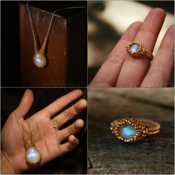 Rainbow Moonstone ring and necklace set in 24k and 18k gold.