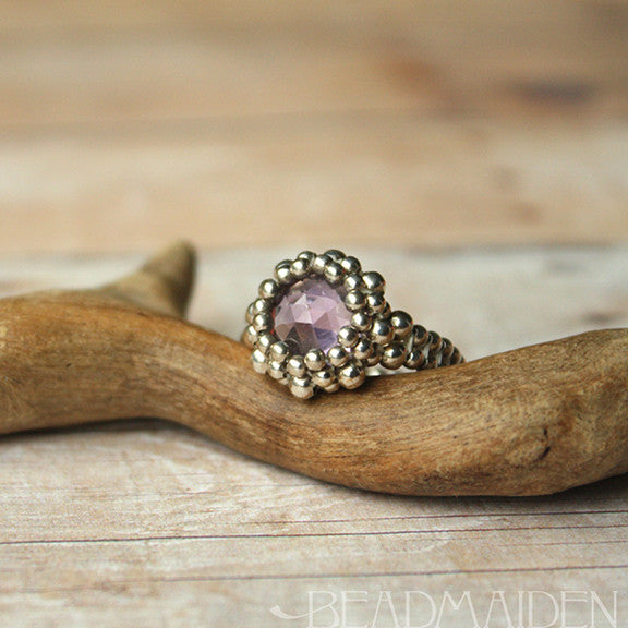 Beadwoven Sterling Silver Pink Amethyst Ring